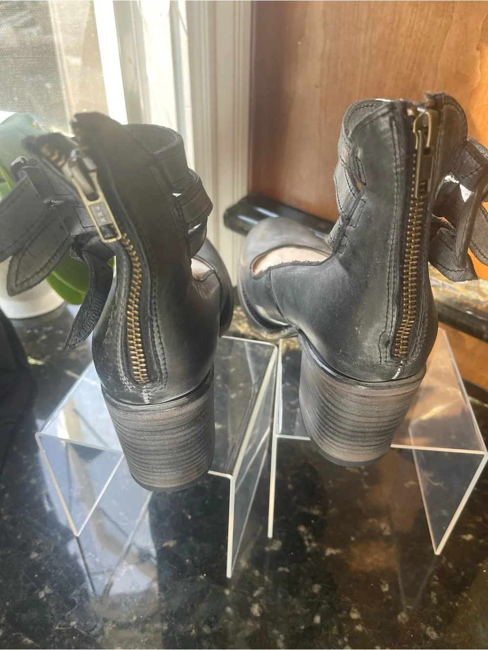 freebird Black Leather Ankle-Strap Block Heels
